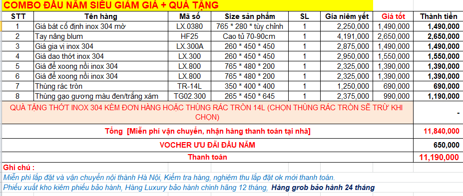 combo bếp phú quý phụ kiện tủ bếp ưu đãi