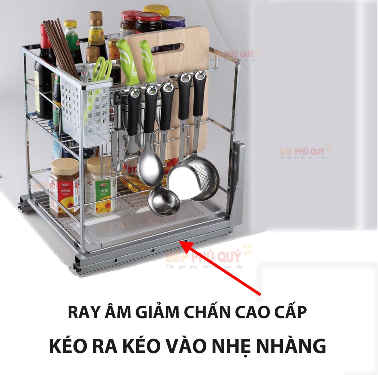 ray âm giảm chấn mở toàn phần giá gia vị dao thớt đa năng inox 304 thương hiệu luxury