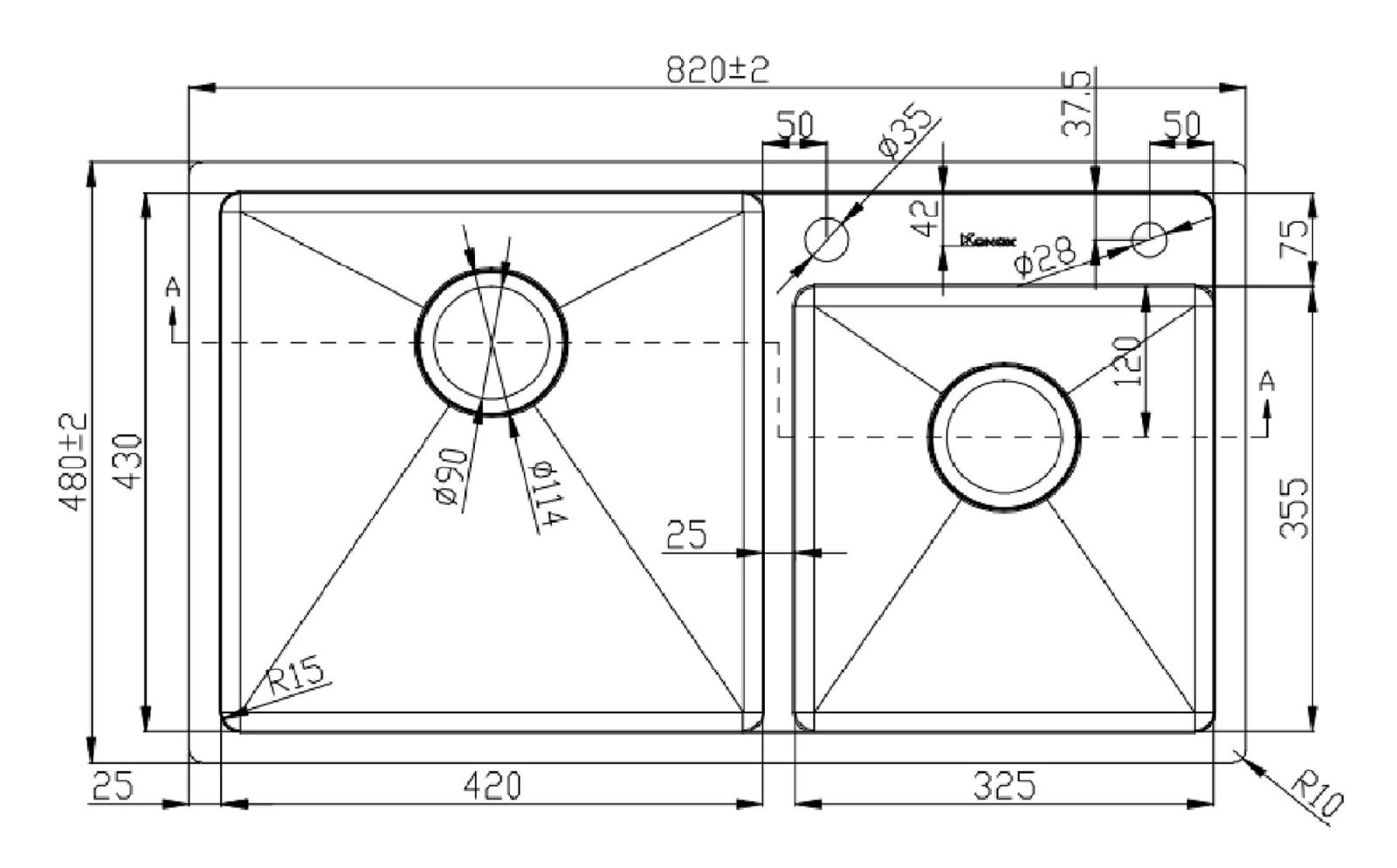 kích thước chậu rửa bát konox KN8248DO