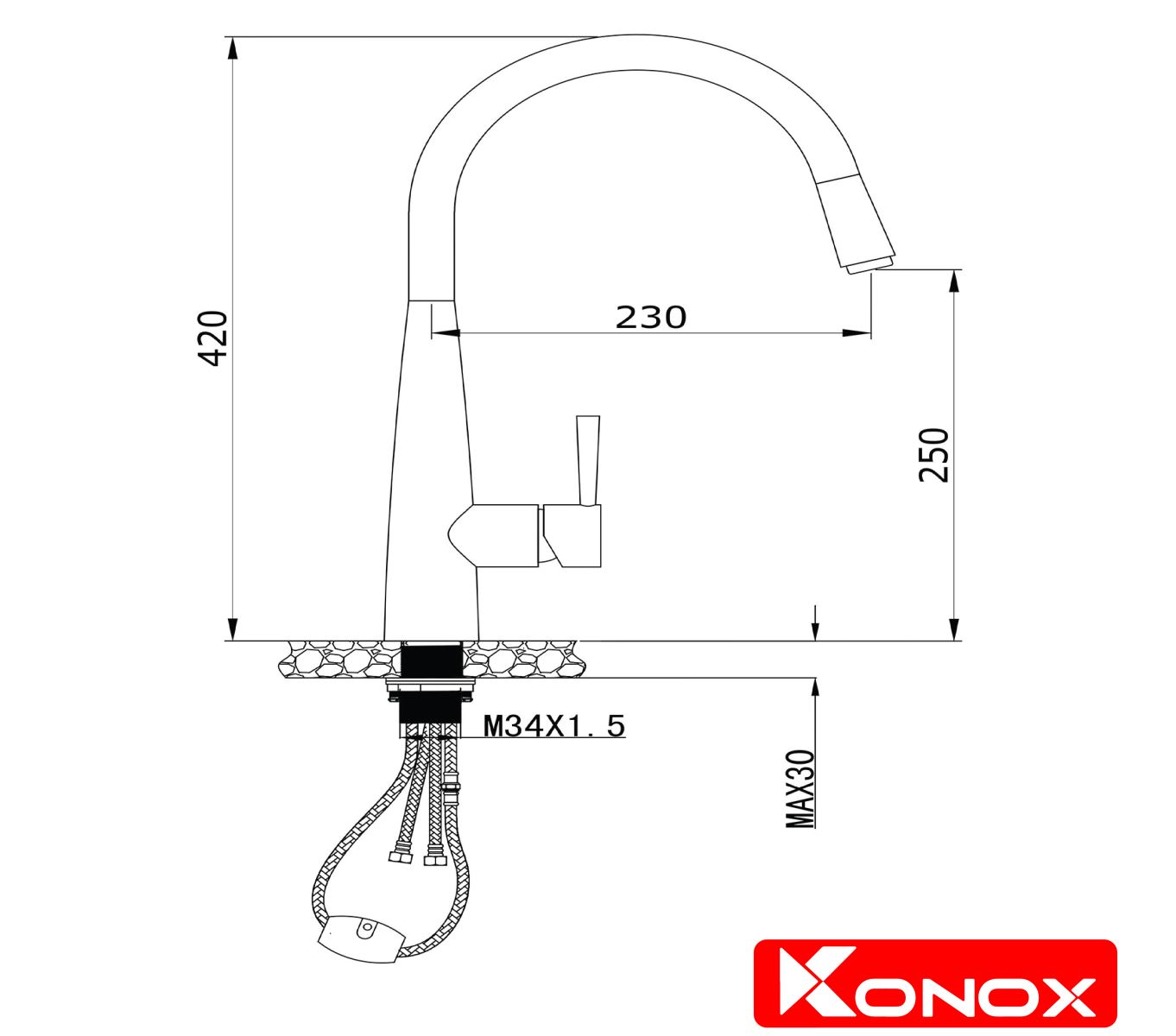 kích thước vòi rửa bát konox KN1901N