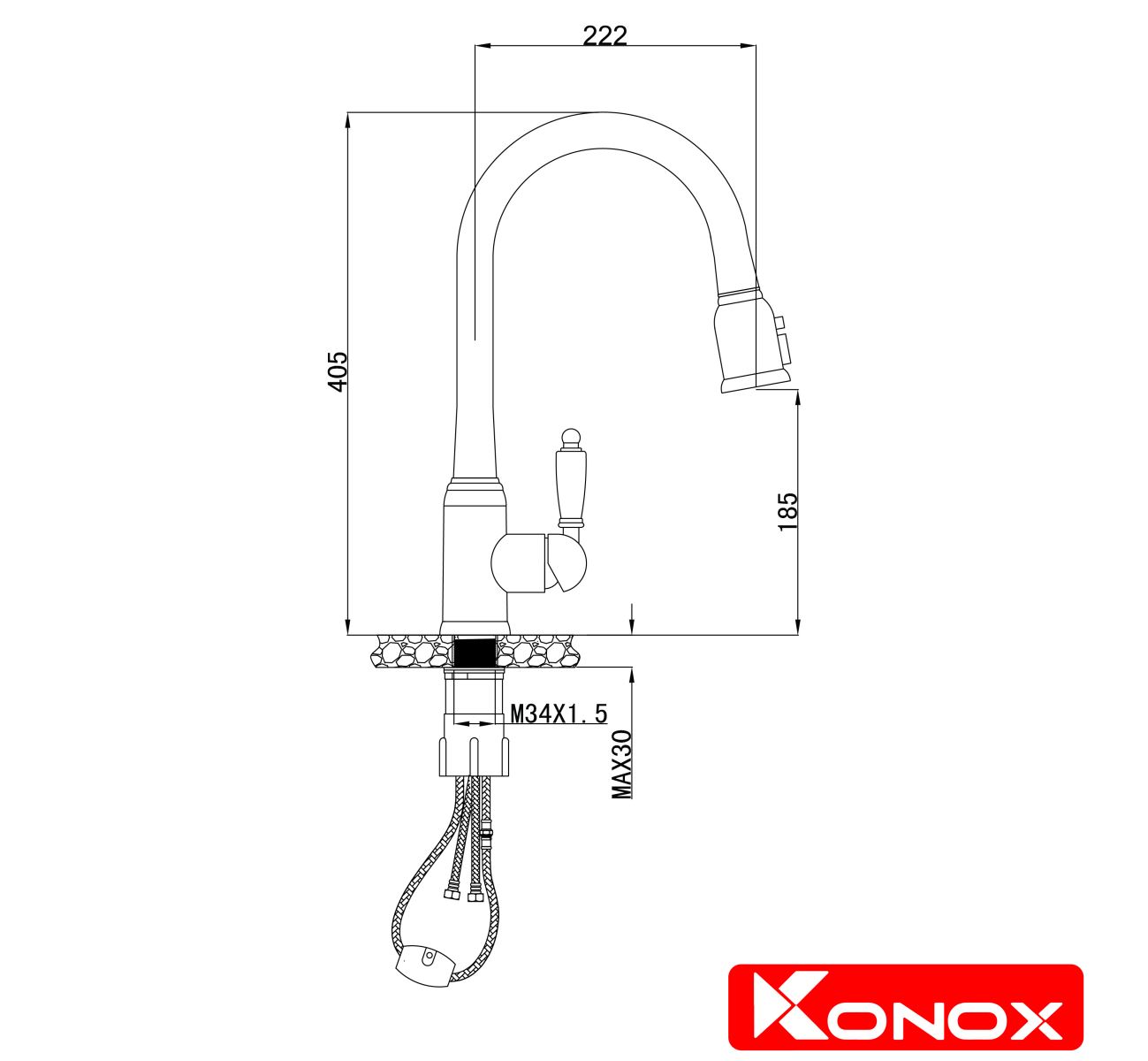 kích thước vòi rửa bát konox KN1905